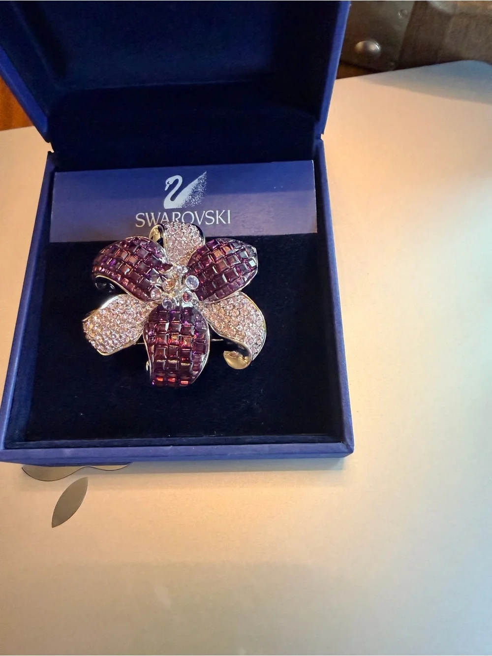 Swarovski Purple and Clear Crystal Floral Brooch